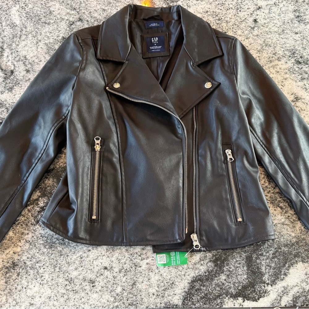 GAP Black Leather Moto Jacket with Asymmetrical Zipper
